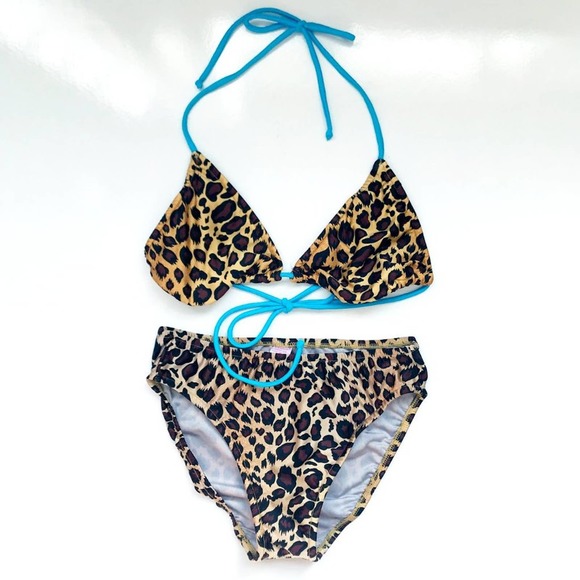 Venus Leopard Print High Waist String Bikini Set Turquoise Straps Size Small - Picture 6 of 8